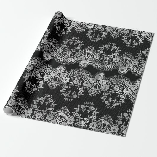 Intrict White Lace op zwart Cadeaupapier (Uitgerold)