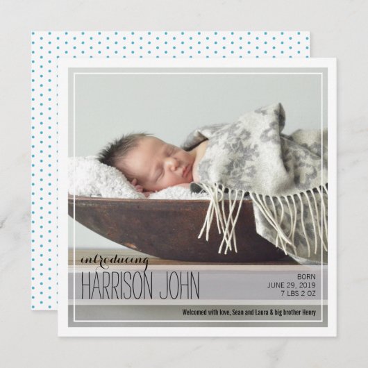 Intro classique | Blue Dots Baby Faire-part (Devant / Derrière)