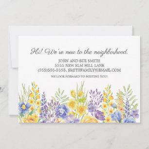 Introductie nieuwe buren geel paarse bloemen aankondiging