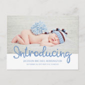 Introductie van Baby Boy Blue Typografie Foto Aankondigingskaart (Voorkant)