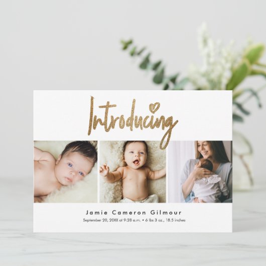 Introductie van Baby Gold Script Aangepaste foto's Aankondiging (Staand voorkant)