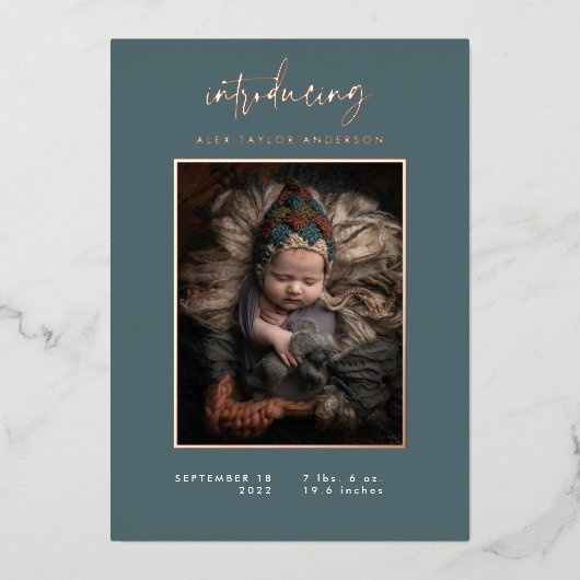 Introductie van Baby Photo Modern Blauwgroen Geboo Folie Uitnodiging (Voorkant)