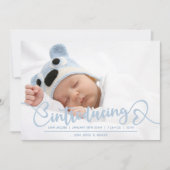 Introductie van Blue Heart Script Baby Photo Birth Aankondiging (Voorkant)