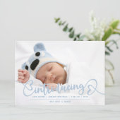 Introductie van Blue Heart Script Baby Photo Birth Aankondiging (Staand voorkant)