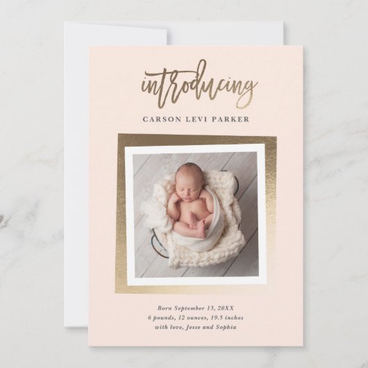 Introductie van de moderne Gold Script Baby Photo Aankondiging (Voorkant)