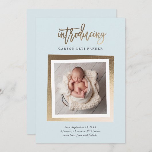 Introductie van de moderne Gold Script Baby Photo Aankondiging (Voorkant / Achterkant)