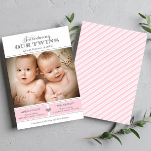 Introductie van onze tweelingmeisjes roze foto geb aankondiging