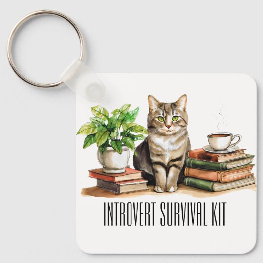 Introvert survival kit (Kat, plant, koffie, boeken Sleutelhanger (Voorkant)