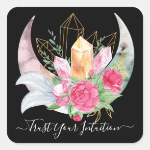 Intuïtie Crystals Moon Feathers Flowers Boho Vierkante Sticker