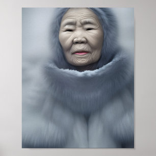 Inuit Elder Sneeuwen en Mist Digital Art Portrait Poster