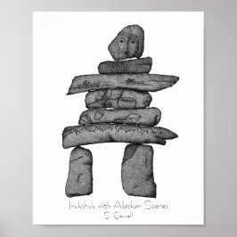 Inukshuk met Alaskan Scenes dotwork art Poster