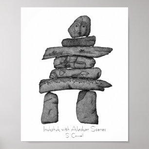 Inukshuk met Alaskan Scenes dotwork art Poster
