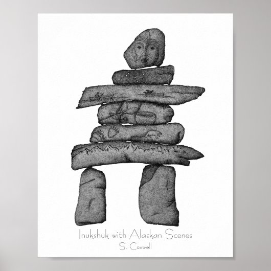 Inukshuk met Alaskan Scenes dotwork art Poster (Voorkant)
