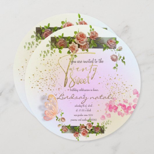 Invitación  20 cumpleaños con rosas perso kaart (Voorkant / Achterkant)