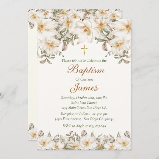 Invitacion Bautizo Flores Blancas Kaart (Voorkant / Achterkant)