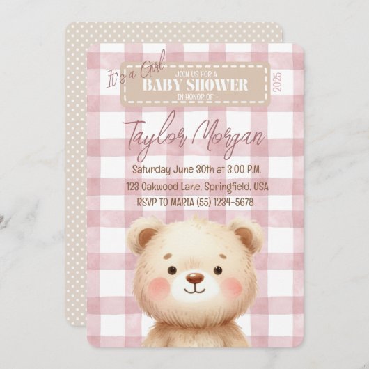 Invitación Blue Gingham Teddy Bear Kaart (Voorkant / Achterkant)