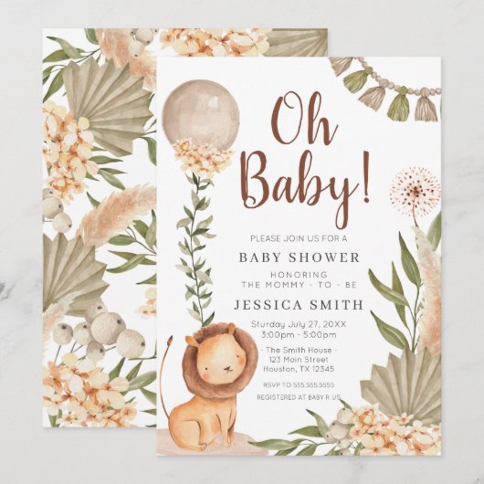 Invitación Boho Lion watercolor oh baby invitation (Devant / Derrière)