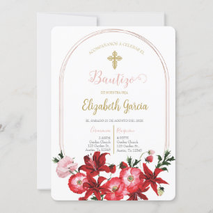 Invitación con flor roja para bautismo kaart