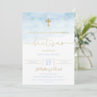 Invitación de bautismo azul y dorada para bebé
