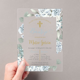 Invitación de bautismo floral azul en español acryl uitnodigingen