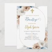 Invitación de bautismo floral azul kaart (Voorkant / Achterkant)