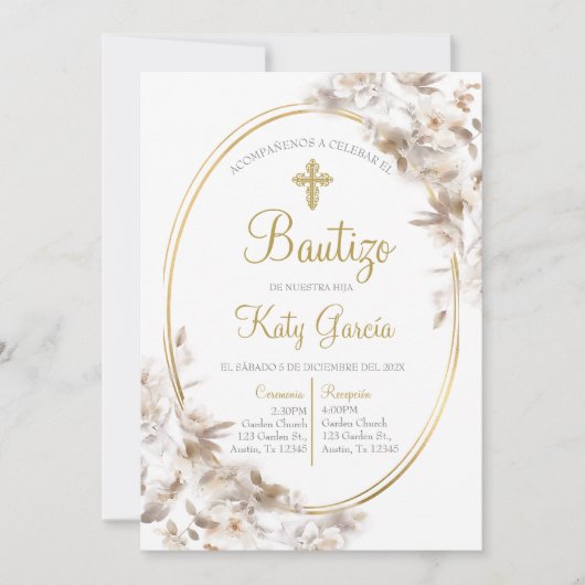 Invitación de bautismo floral blanca en español kaart (Voorkant)