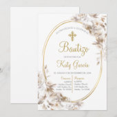 Invitación de bautismo floral blanca en español kaart (Voorkant / Achterkant)