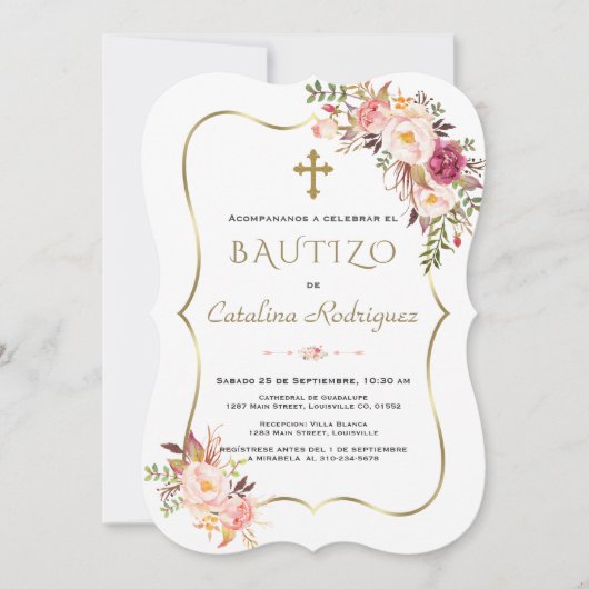 Invitacion De Bautizo Con Flores Gold Girl Baptism Kaart (Voorkant)