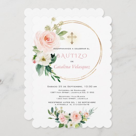 Invitacion De Bautizo Con Flores Invitation espagn (Devant / Derrière)