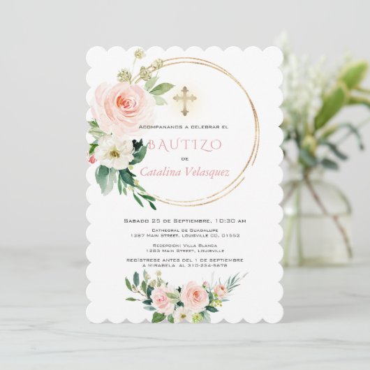 Invitacion De Bautizo Con Flores Invitation espagn (Debout devant)