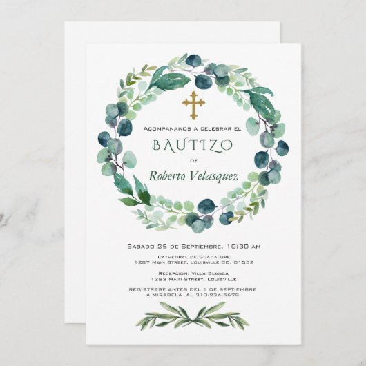 Invitacion De Bautizo Eucalyptus Invitation espagn (Devant / Derrière)