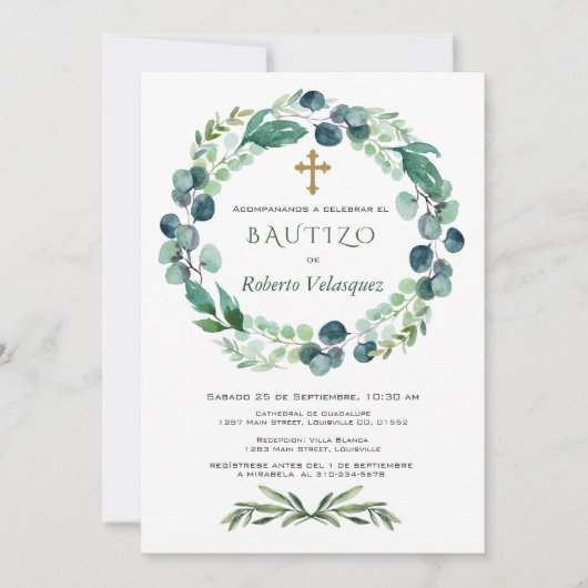 Invitacion de Bautizo Eucalyptus Spain Invite Kaart (Voorkant)