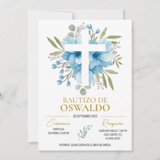 Invitación de bautizo flores azul y verde kaart (Voorkant)
