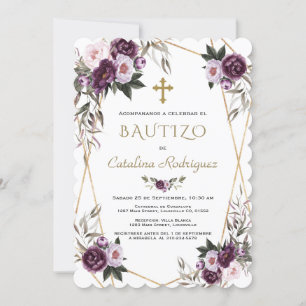 Invitacion De Bautizo Purple Flowers Gold Girl Kaart