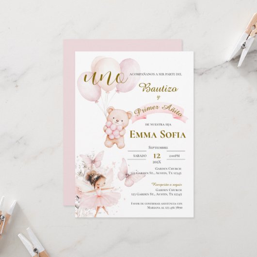 Invitación de Bautizo y primer año en español Kaart (Voorkant / Achterkant in situ)