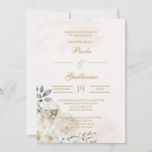 Invitación de boda beige con flor blanca kaart