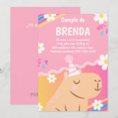 Invitación de Cumpleaños Capibara de Niña Rosa Kaart (Voorkant / Achterkant)