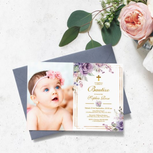 Invitación de Rosas Moradas para Bautizo Kaart