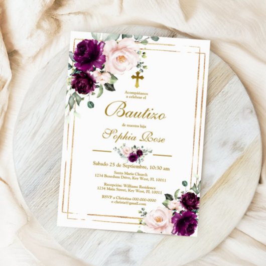 Invitación de Rosas Moradas para Bautizo Kaart