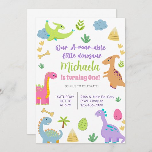 Invitación Dinosaurs meisje verjaardag uitnodiging (Voorkant / Achterkant)