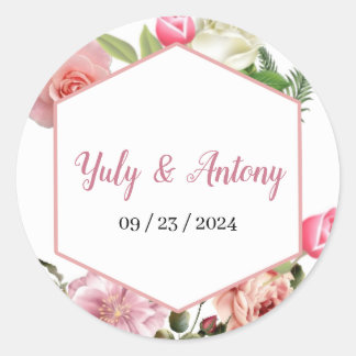 Invitación elegante de boda floral rosa con blanco ronde sticker