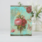 Invitación flores y mariposas vintage en turquesa kaart (Staand voorkant)