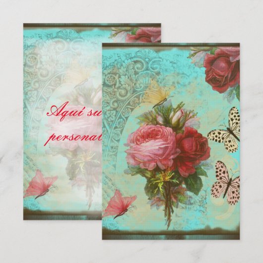 Invitación flores y mariposas vintage en turquesa kaart (Voorkant / Achterkant)