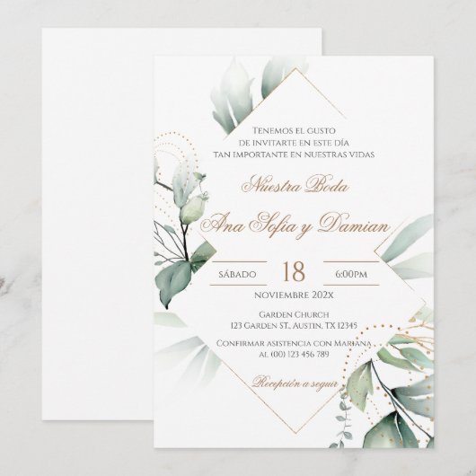 Invitación Greenery Spanish Wedding Invitation (Devant / Derrière)