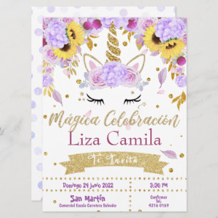 Invitación Lindo unicornio con flor lila y rosa Kaart