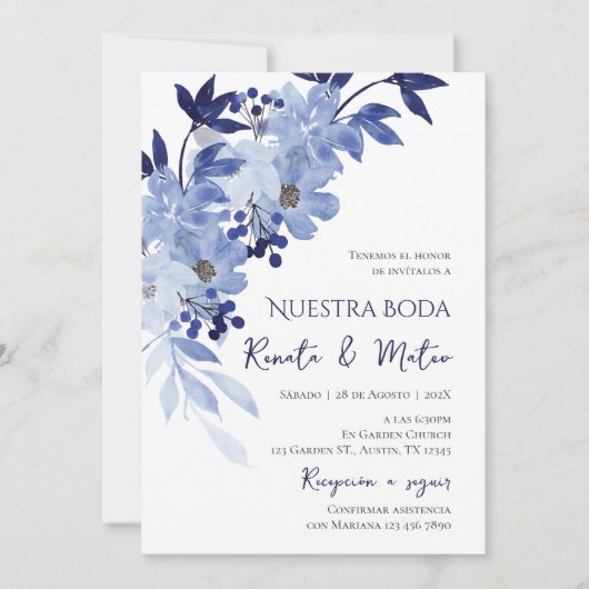 Invitación Navy Blue Spanish Wedding Invitation (Devant)
