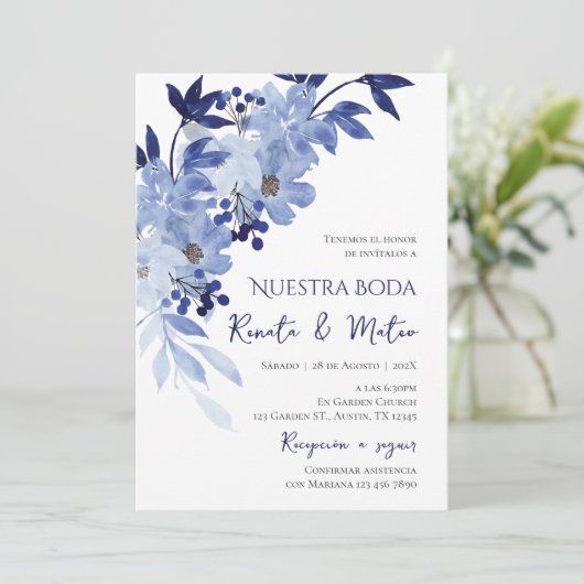 Invitación Navy Blue Spanish Wedding Invitation Kaart (Staand voorkant)