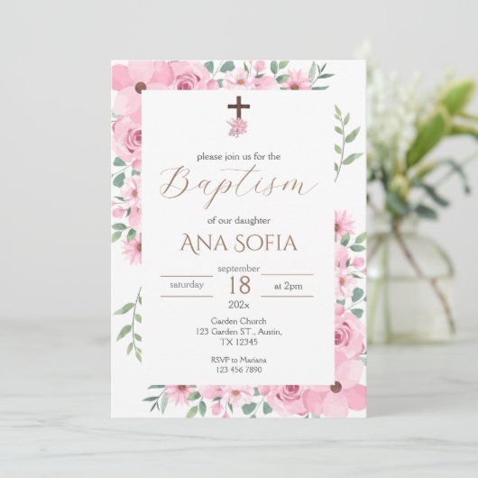 Invitación Pink Baptism Invitation Kaart (Staand voorkant)