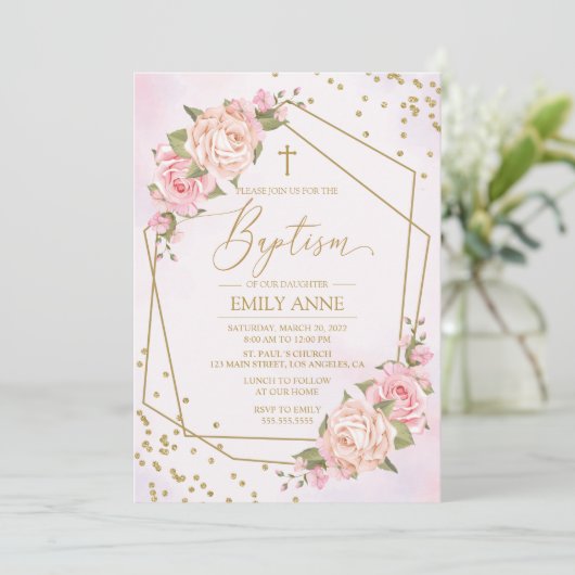 Invitación Pink Floral Baptism Invitation Kaart (Staand voorkant)