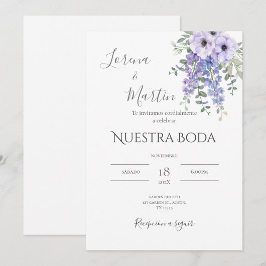 Invitación Purple Floral wedding invitation in Kaart (Voorkant / Achterkant)